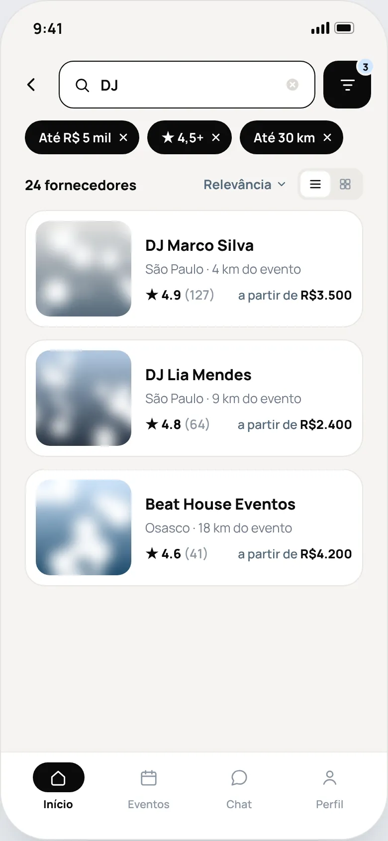 Resultados de busca por DJ com filtros aplicados