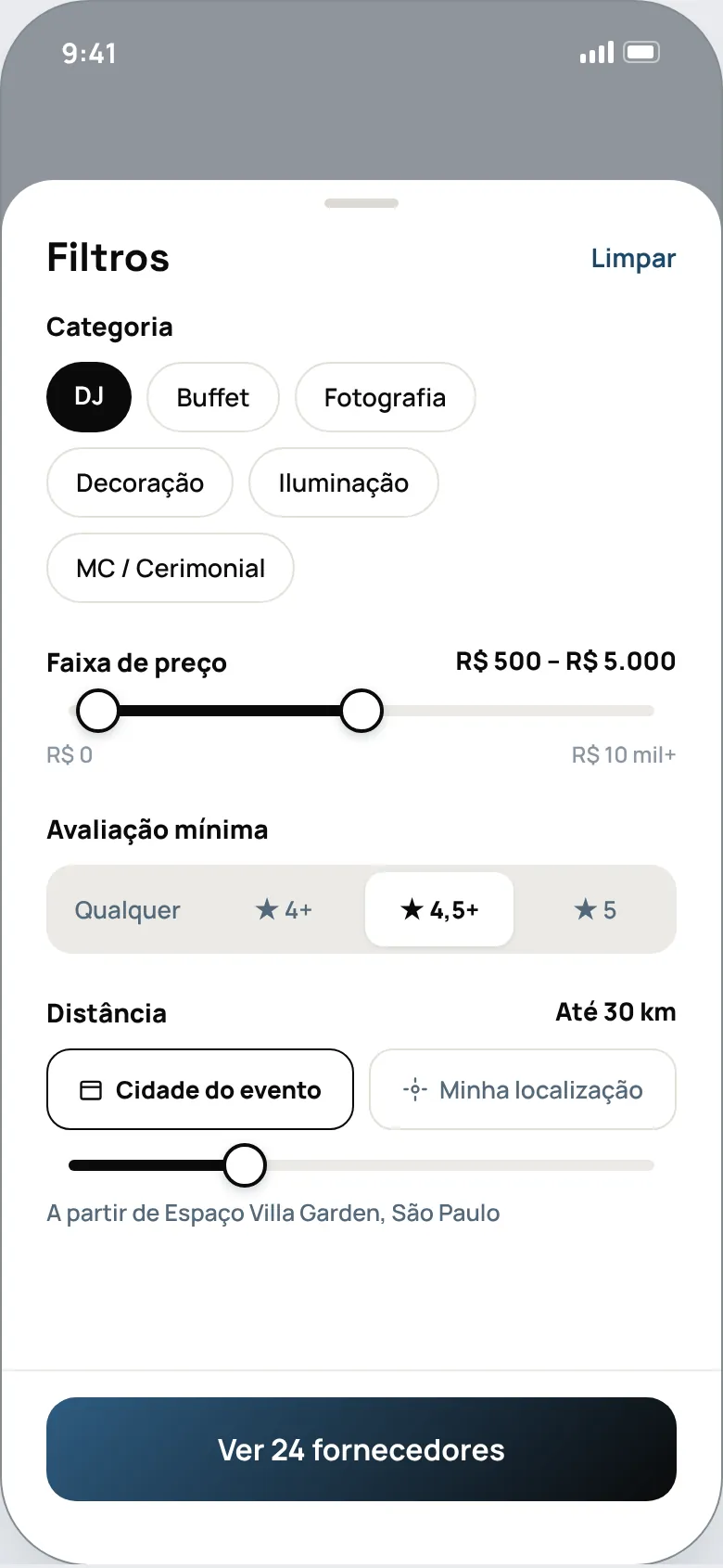 Tela de filtros por categoria, preço, avaliação e distância